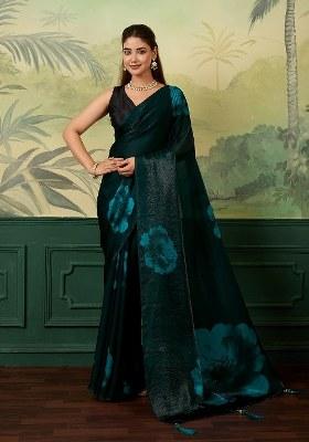 Green Printed Silk Saree Set