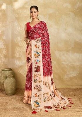 Maroon Printed Silk Saree Set