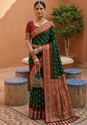 Bottle Green Woven Design Silk Saree Set