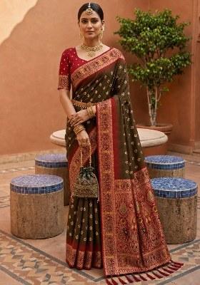 Dark Mehendi Woven Design Silk Saree Set