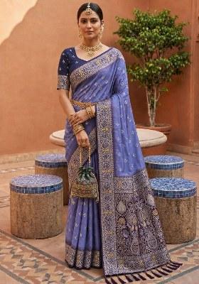 Lavender Woven Design Silk Saree Set