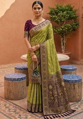 Olive Woven Design Silk Saree Set