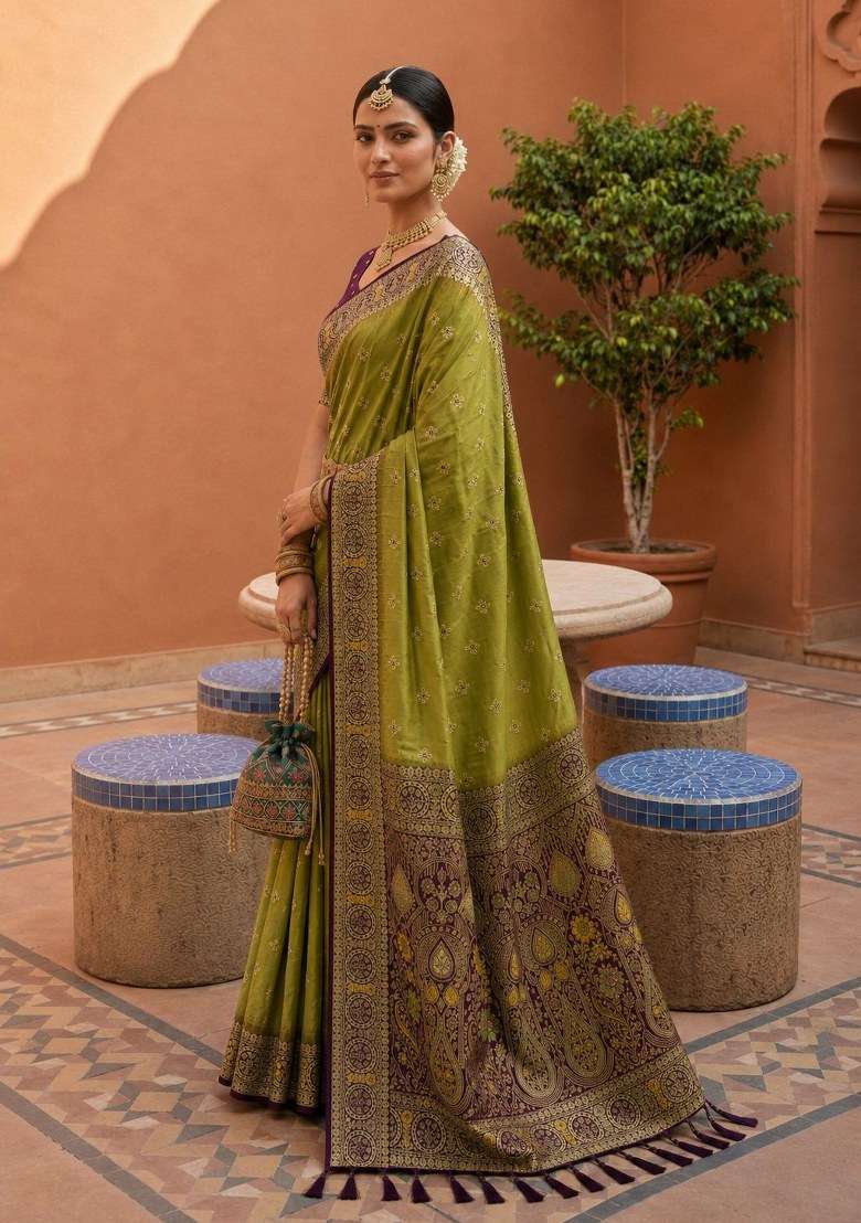 Olive Woven Design Silk Saree Set for Diwali | Wedding & Festive Wear - Indya