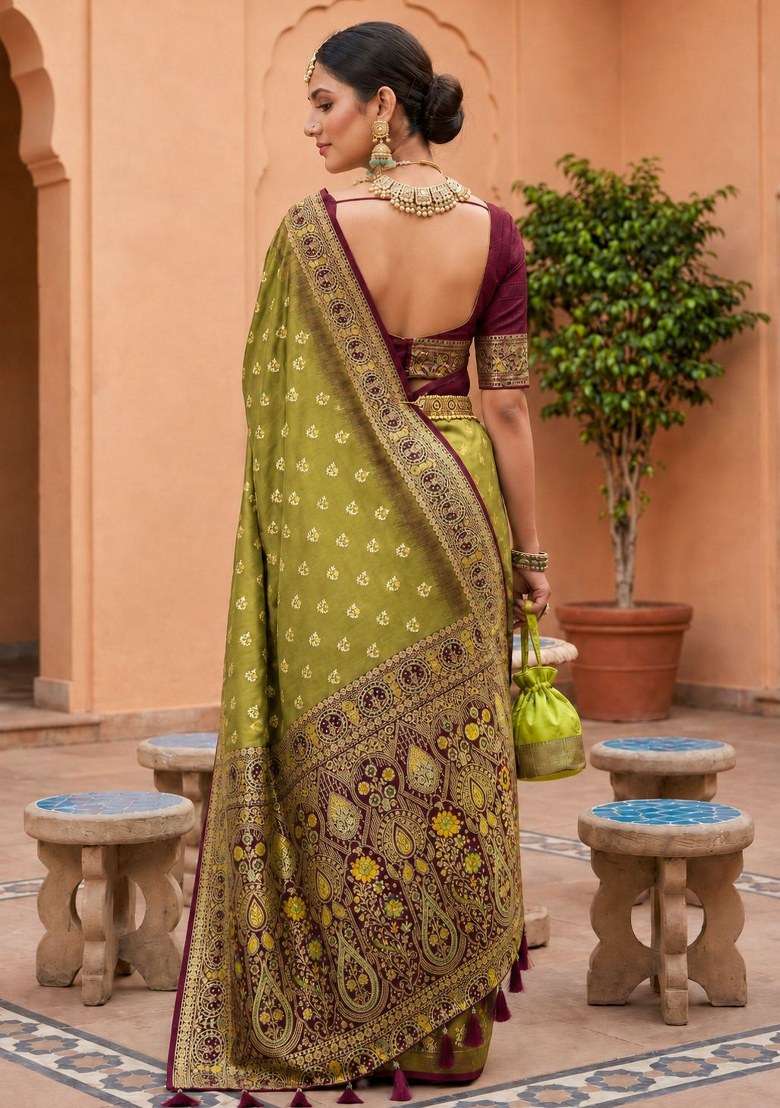 Olive Woven Design Silk Saree Set for Diwali | Wedding & Festive Wear - Indya