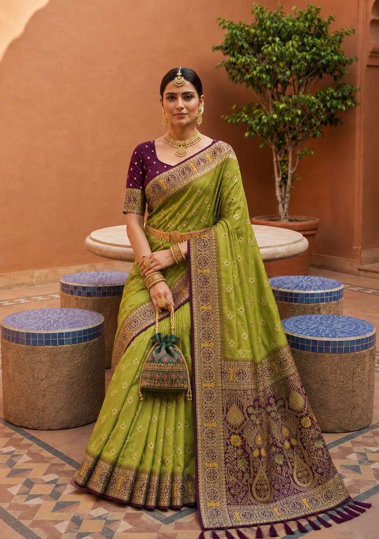 Olive Woven Design Silk Saree Set for Diwali | Wedding & Festive Wear - Indya