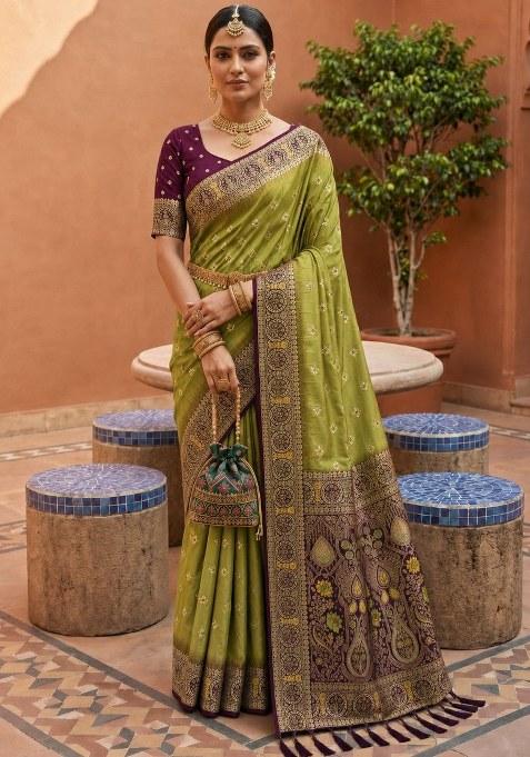 Olive Woven Design Silk Saree Set for Diwali | Wedding & Festive Wear