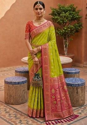 Perrot Green Woven Design Silk Saree Set