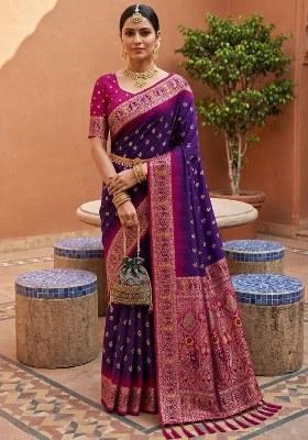 Purple Woven Design Silk Saree Set