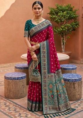 Pink Woven Design Silk Saree Set