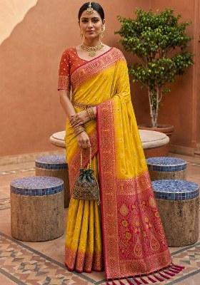 Yellow Woven Design Silk Saree Set