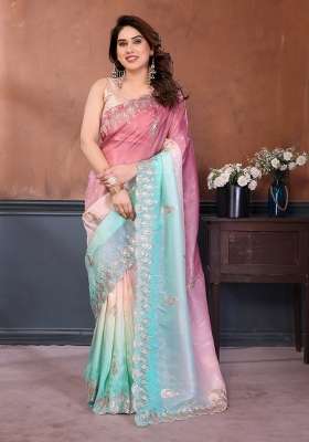 Rama Blue Embroidered Gold Crush Saree Set for Diwali and Festive Wear