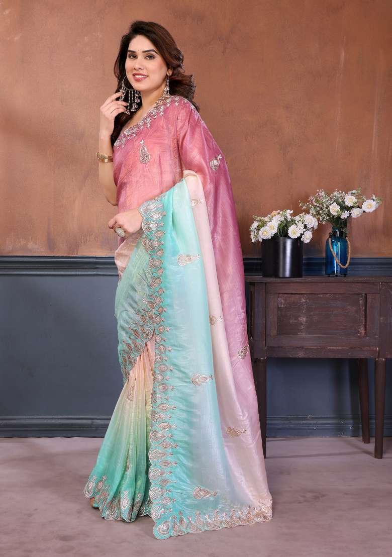 Rama Blue Embroidered Gold Crush Saree Set for Diwali and Festive Wear - Indya