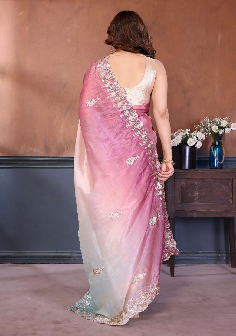 Rama Blue Embroidered Gold Crush Saree Set for Diwali and Festive Wear - Indya