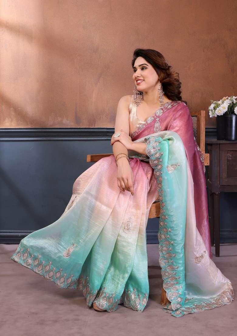 Rama Blue Embroidered Gold Crush Saree Set for Diwali and Festive Wear - Indya