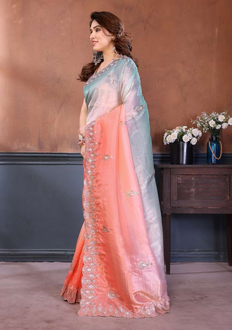 Rama Peach Gold Crush Saree Set with Embroidered for Diwali | Wedding & Festive Wear - Indya