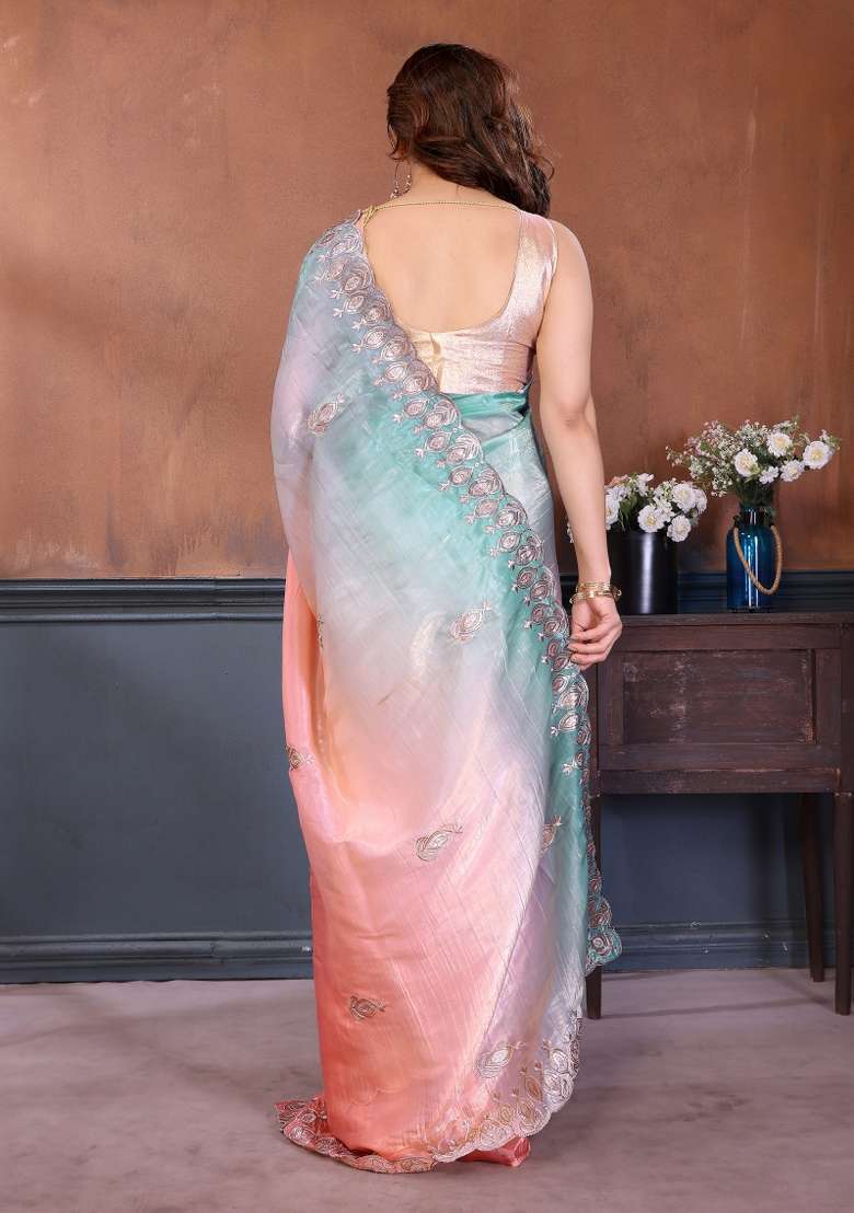 Rama Peach Gold Crush Saree Set with Embroidered for Diwali | Wedding & Festive Wear - Indya