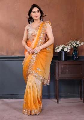 Orange Yellow Embroidered Gold Crush Saree Set for Diwali and Festive Wear