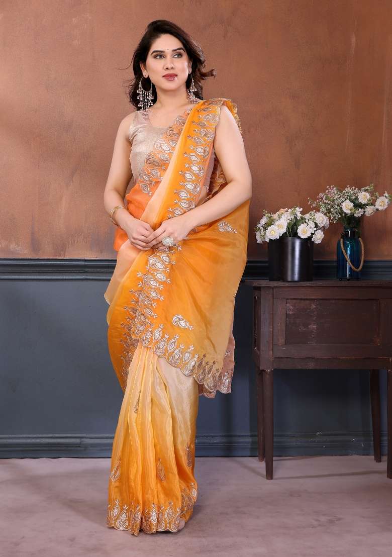 Orange Yellow Embroidered Gold Crush Saree Set for Diwali and Festive Wear - Indya