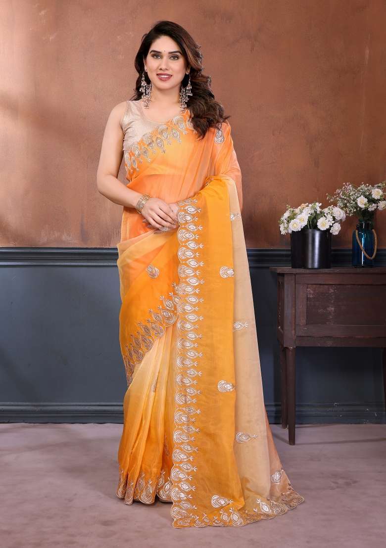 Orange Yellow Embroidered Gold Crush Saree Set for Diwali and Festive Wear - Indya