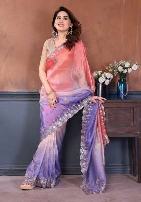 Peach Lavender Gold Crush Saree Set with Embroidered for Diwali | Wedding & Festive Wear