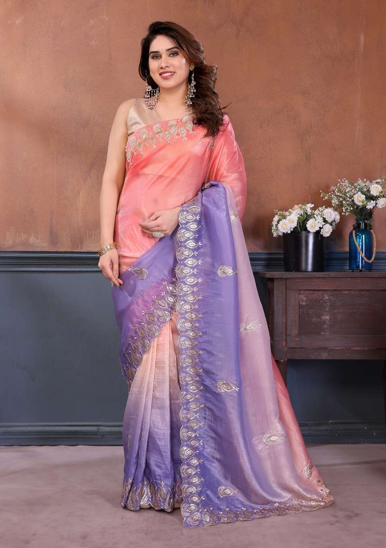 Peach Lavender Gold Crush Saree Set with Embroidered for Diwali | Wedding & Festive Wear - Indya