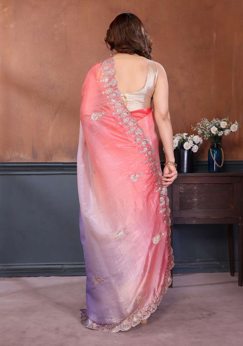 Peach Lavender Gold Crush Saree Set with Embroidered for Diwali | Wedding & Festive Wear - Indya