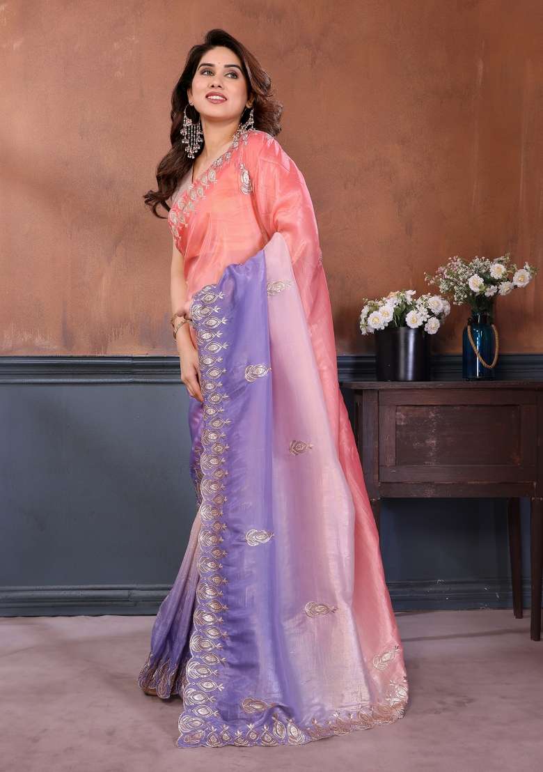 Peach Lavender Gold Crush Saree Set with Embroidered for Diwali | Wedding & Festive Wear - Indya