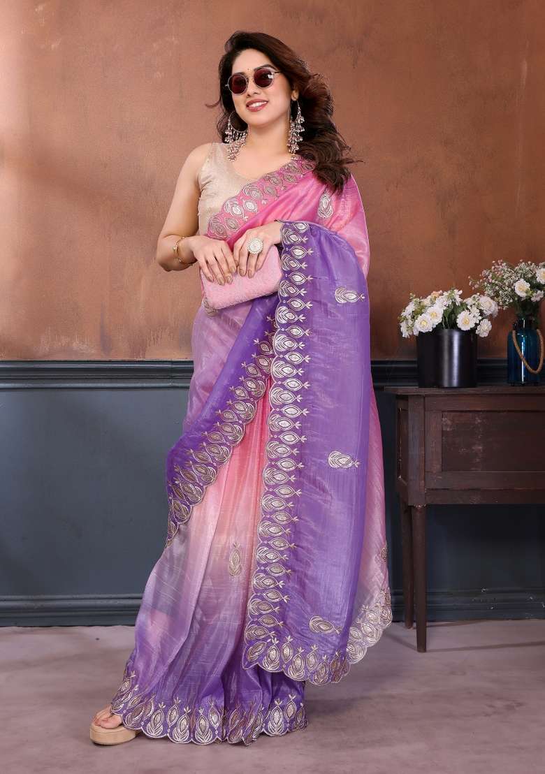 Pink Lavender Gold Crush Saree Set with Embroidered for Diwali | Wedding & Festive Wear - Indya