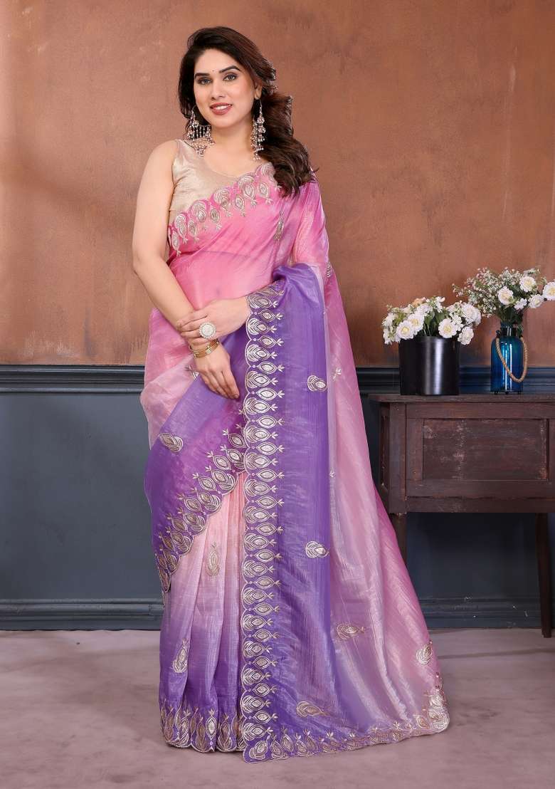 Pink Lavender Gold Crush Saree Set with Embroidered for Diwali | Wedding & Festive Wear - Indya