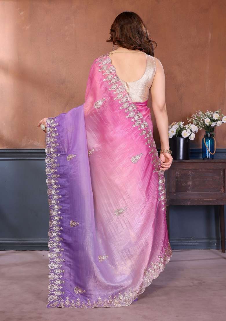 Pink Lavender Gold Crush Saree Set with Embroidered for Diwali | Wedding & Festive Wear - Indya