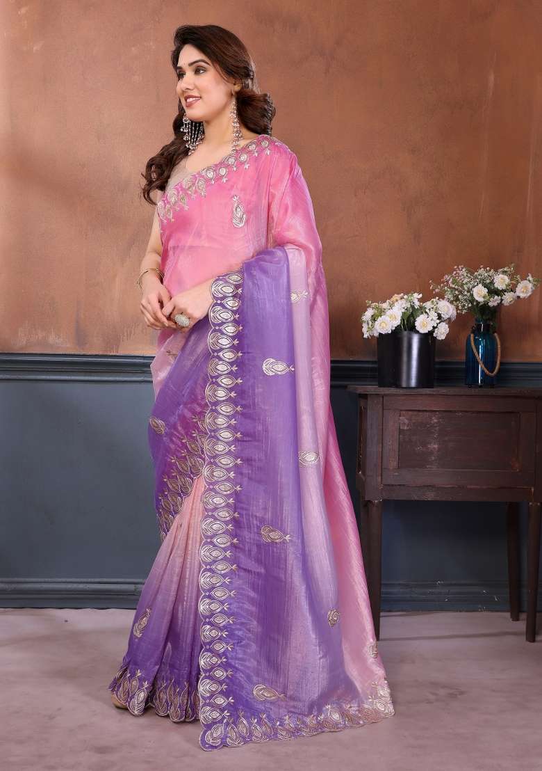 Pink Lavender Gold Crush Saree Set with Embroidered for Diwali | Wedding & Festive Wear - Indya
