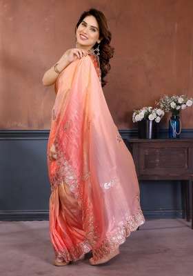 Pink Orange Gold Crush Saree Set with Embroidered for Diwali | Wedding & Festive Wear