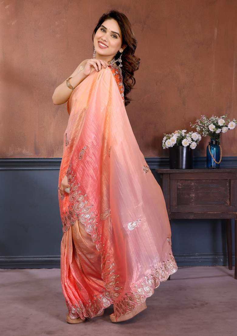 Pink Orange Gold Crush Saree Set with Embroidered for Diwali | Wedding & Festive Wear - Indya