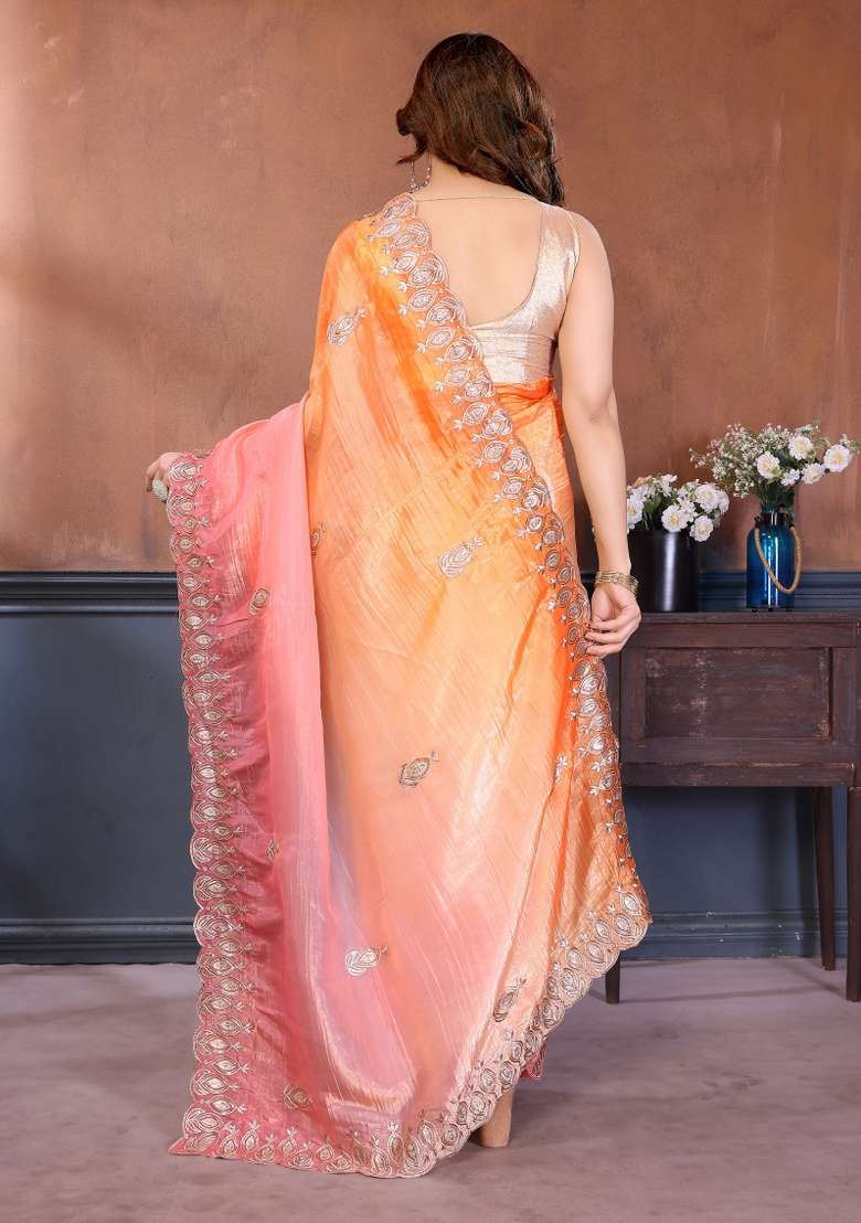 Pink Orange Gold Crush Saree Set with Embroidered for Diwali | Wedding & Festive Wear - Indya