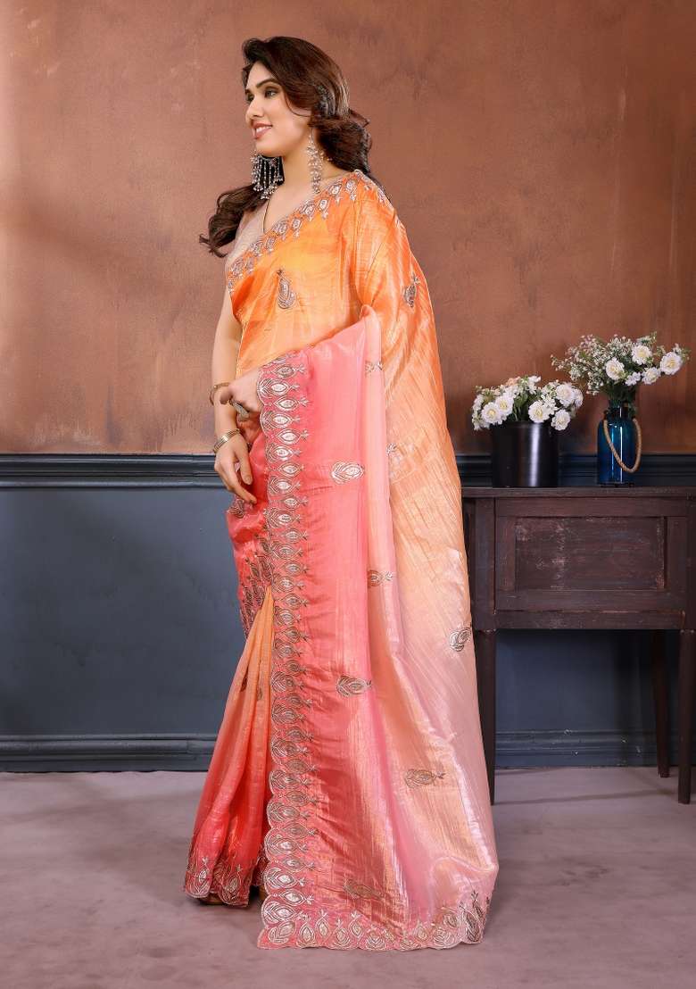 Pink Orange Gold Crush Saree Set with Embroidered for Diwali | Wedding & Festive Wear - Indya