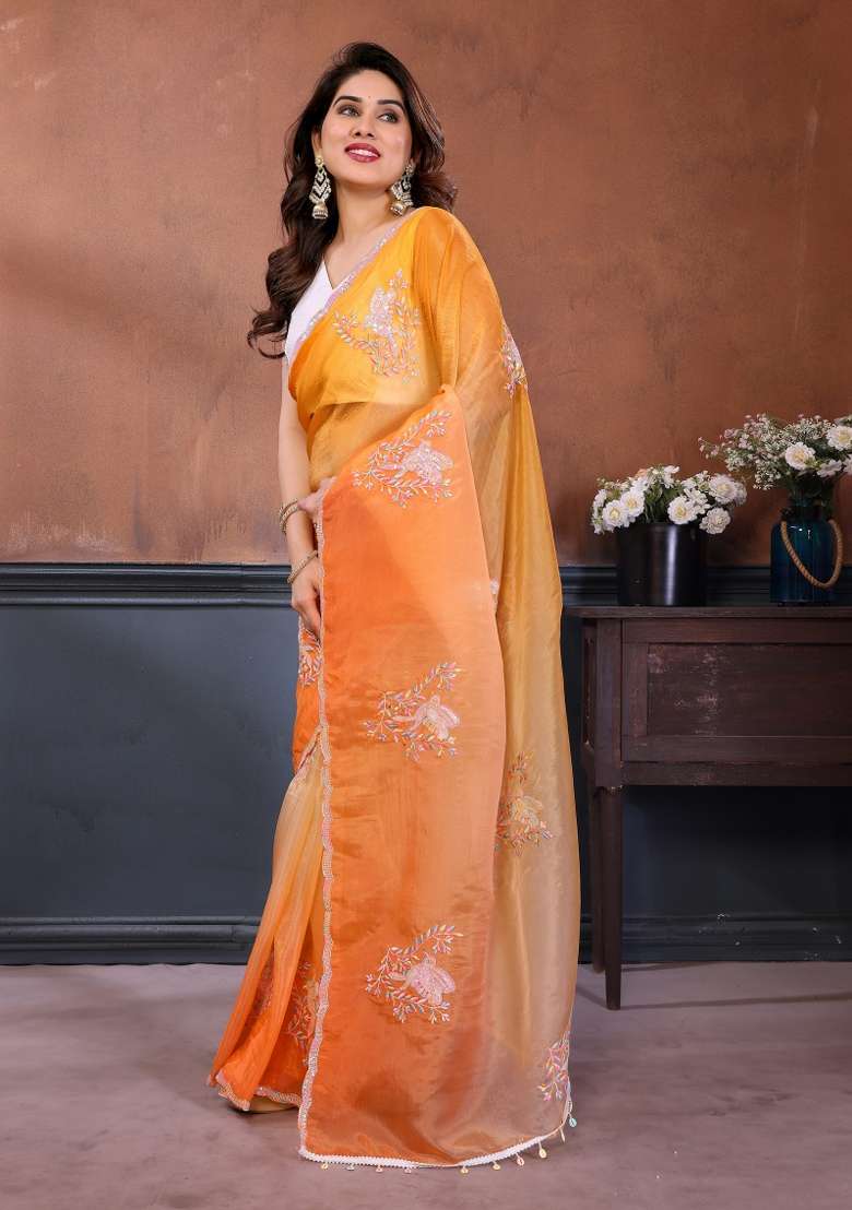 Orange Yellow Embroidered Gold Crush Saree Set for Diwali and Festive Wear - Indya
