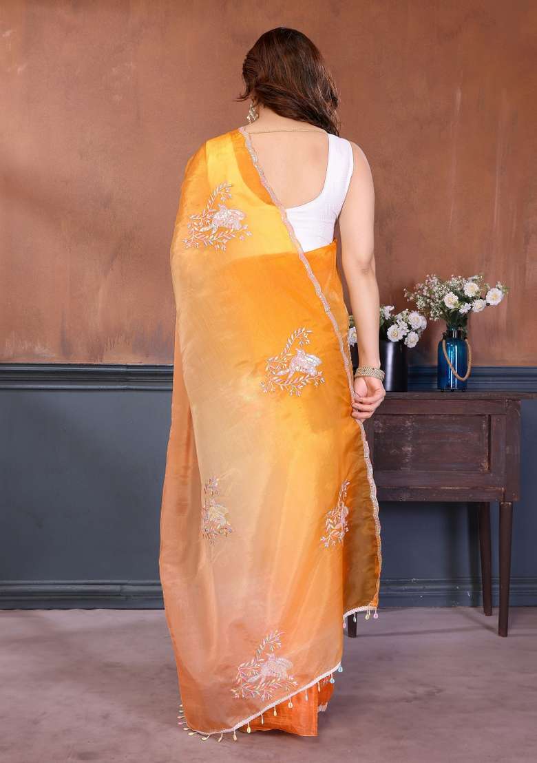 Orange Yellow Embroidered Gold Crush Saree Set for Diwali and Festive Wear - Indya