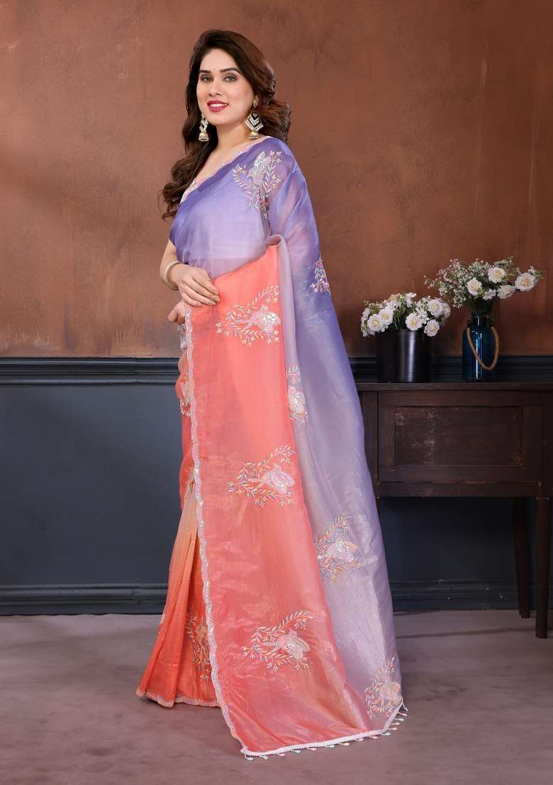 Peach Lavender Gold Crush Saree Set with Embroidered for Diwali | Wedding & Festive Wear - Indya