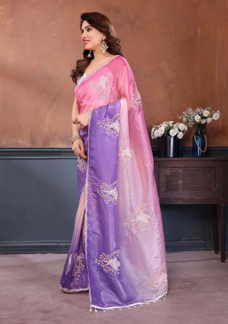 Pink Lavender Embroidered Gold Crush Saree Set for Diwali and Festive Wear - Indya