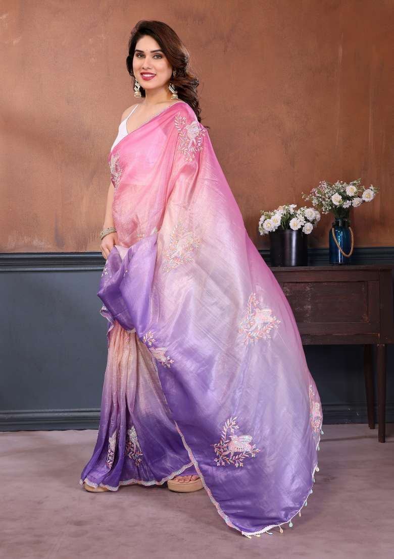 Pink Lavender Embroidered Gold Crush Saree Set for Diwali and Festive Wear - Indya