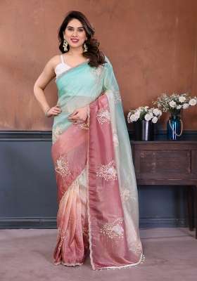 Rama Blue Embroidered Gold Crush Saree Set for Diwali and Festive Wear