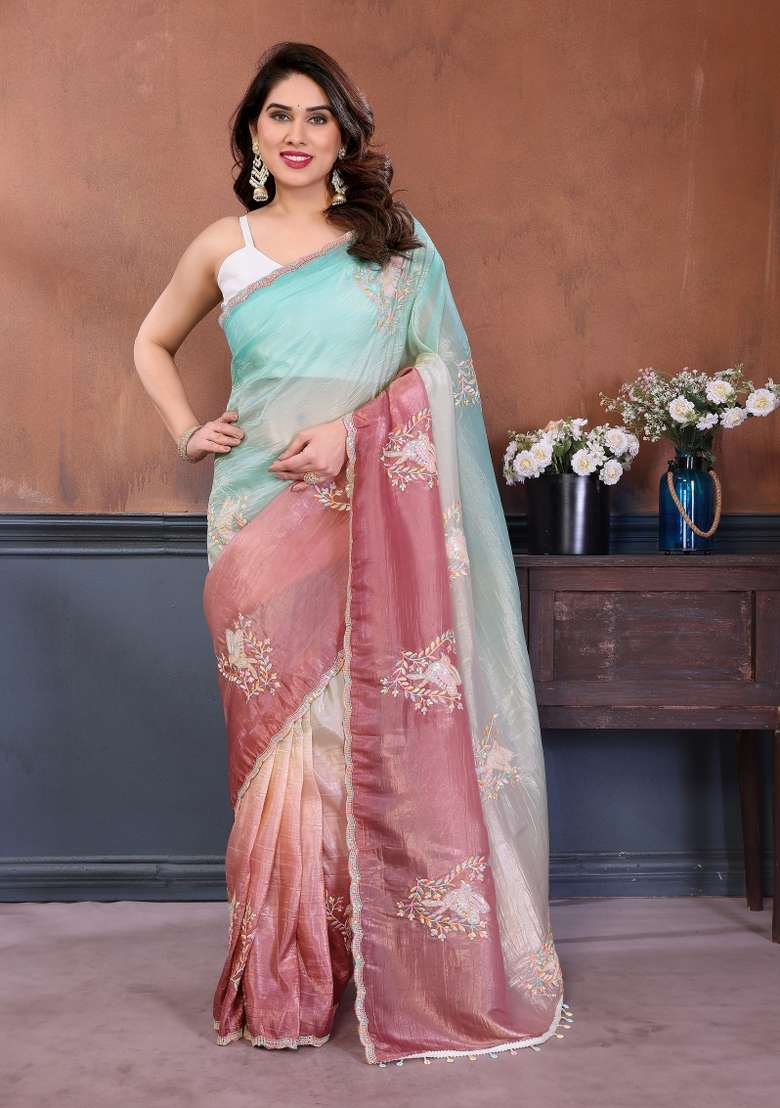 Rama Blue Embroidered Gold Crush Saree Set for Diwali and Festive Wear - Indya