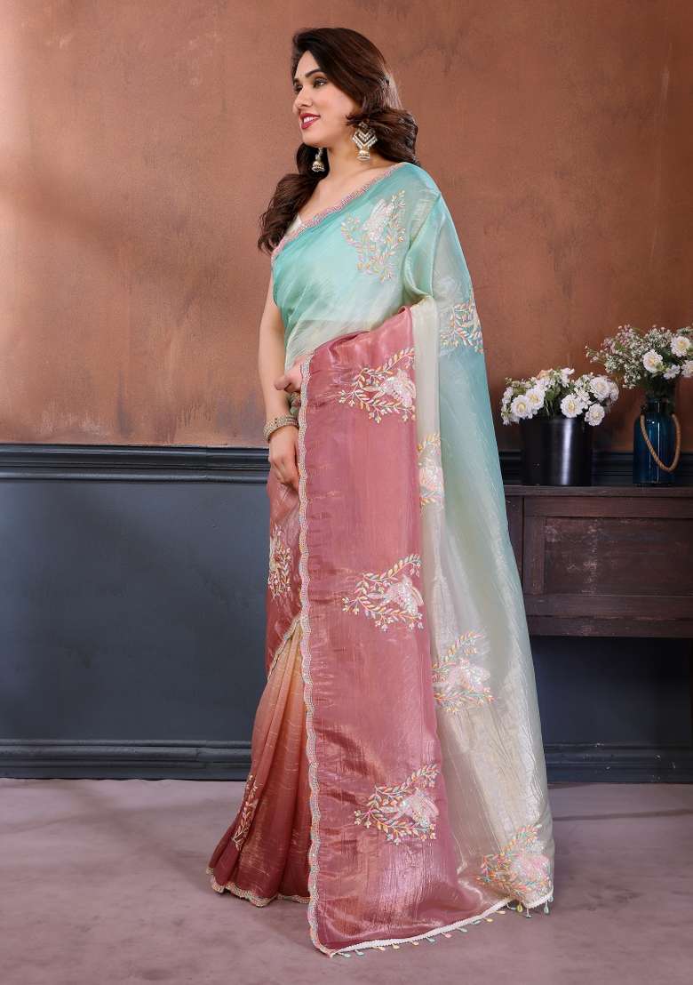 Rama Blue Embroidered Gold Crush Saree Set for Diwali and Festive Wear - Indya