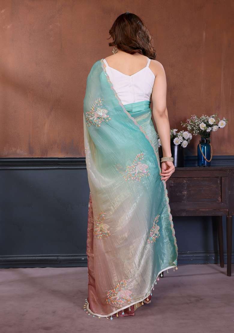 Rama Blue Embroidered Gold Crush Saree Set for Diwali and Festive Wear - Indya