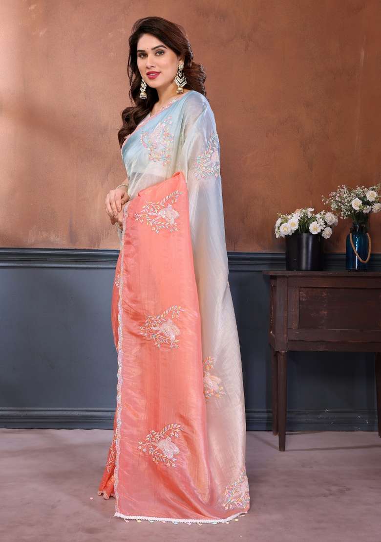 Rama Peach Embroidered Gold Crush Saree Set for Diwali and Festive Wear - Indya