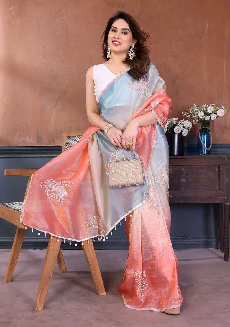 Rama Peach Embroidered Gold Crush Saree Set for Diwali and Festive Wear - Indya