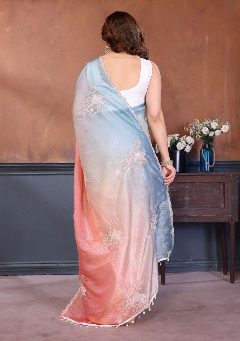 Rama Peach Embroidered Gold Crush Saree Set for Diwali and Festive Wear - Indya