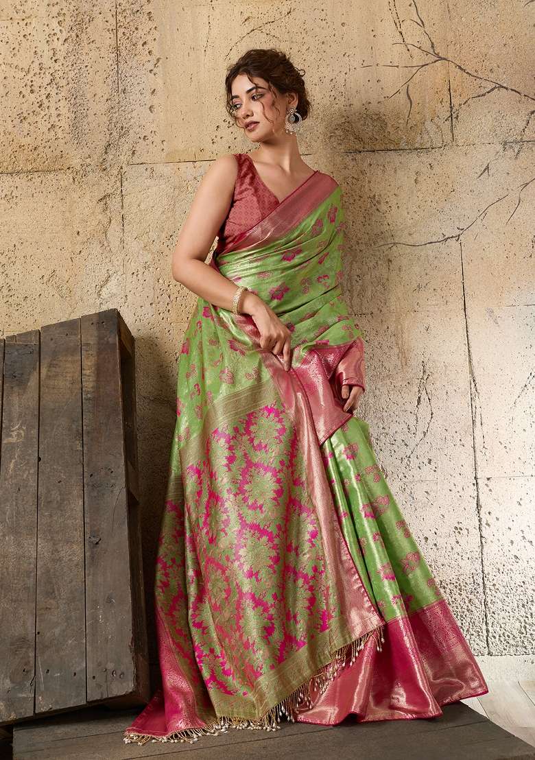 Multicolor Weaving Work Silk Saree Set for Diwali | Wedding & Festive Wear - Indya