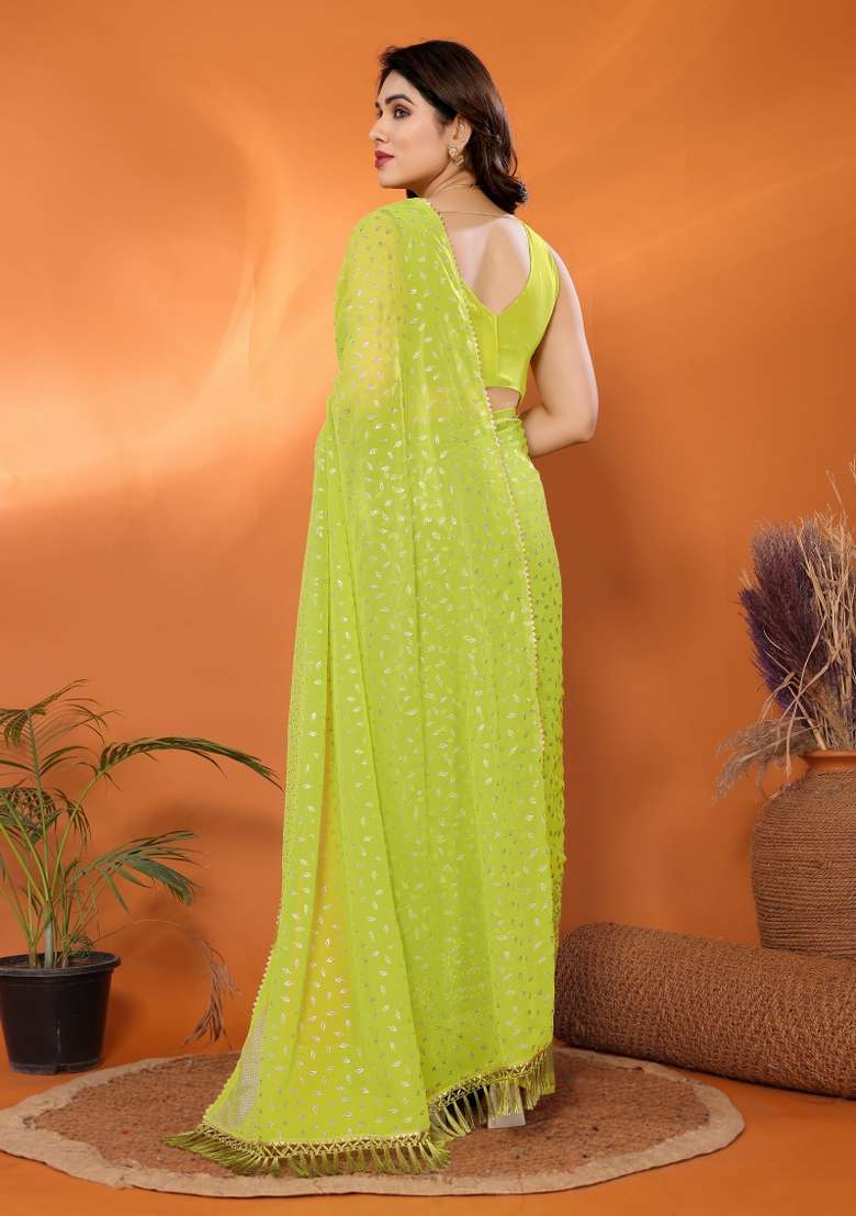 Olive Lace Work Georgette Saree Set for Diwali and Festive Wear - Indya