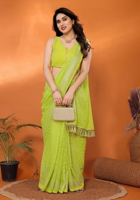 Olive Lace Work Georgette Saree Set for Diwali and Festive Wear